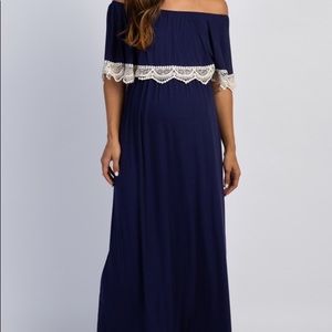 Navy Blue Ruffle Crochet Maxi Dress